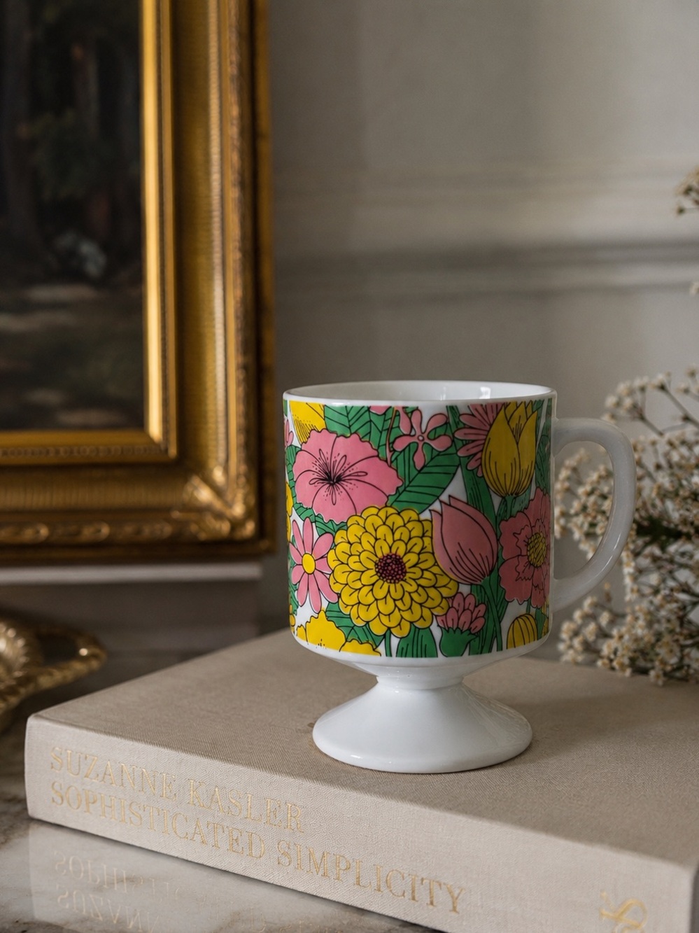 Vintage - Japan - Floral Pedestal Mug with Pink, Yellow & Green Pattern